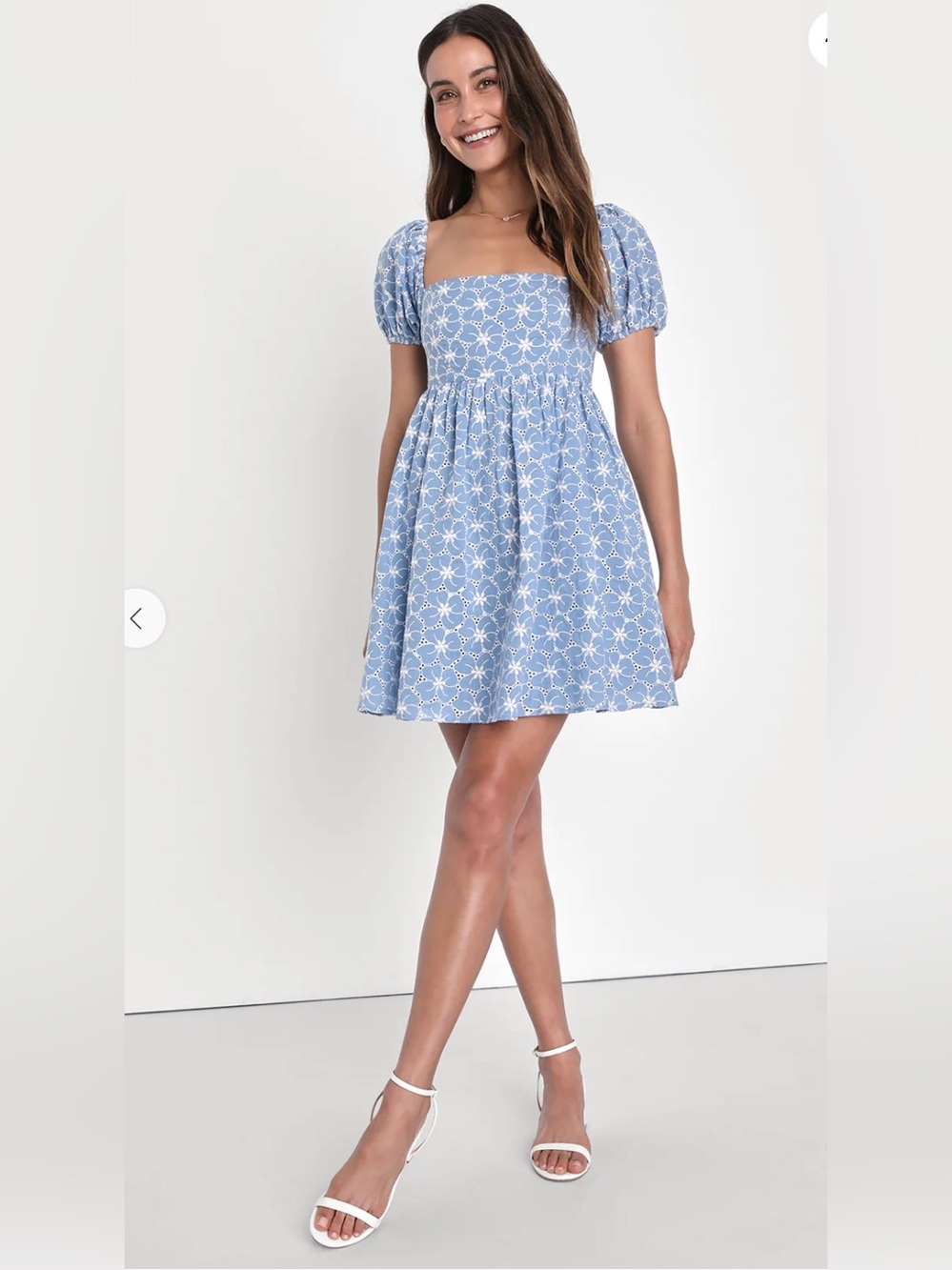 Lulu's Fit to Frolic Blue Eyelet Lace Puff Sleeve Babydoll Dress Sz L - Picture 2 of 9